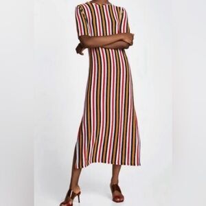 Zara Metallic Stripe Multicolor Sexy Soft Stretchy Retro Midi Dress L